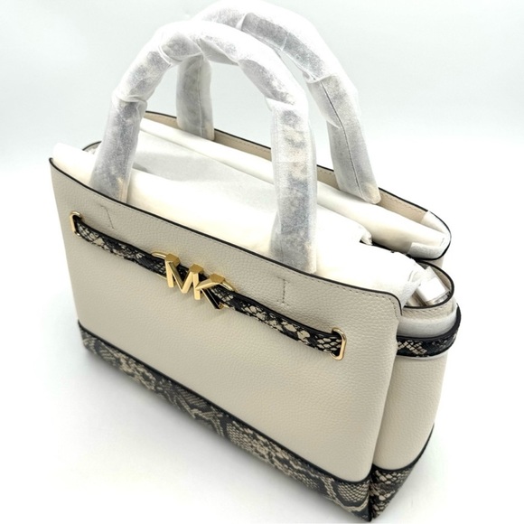 Michael Kors Large Reed Leather Belted Satchel Crossbody Bag Cream Snakeskin - Picture 7 of 11